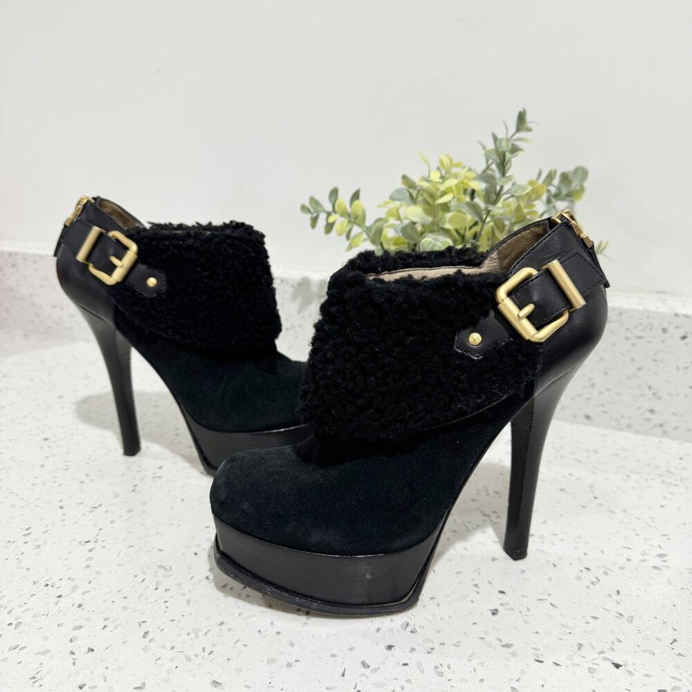 Fendi FF Black Fendista Shearling Fur Suede Buckled Platform Ankle Boots LS 36